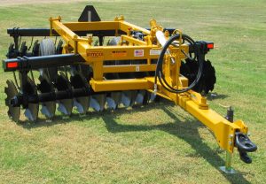 Front view of F42 Wheel Offset Harrow with tongue jack and hydraulic hoses