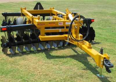 Front view of F42 Wheel Offset Harrow with tongue jack and hydraulic hoses