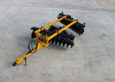 Aerial view of J44 Wheel Offset Harrow with adjustable tongue and hydraulic hoses